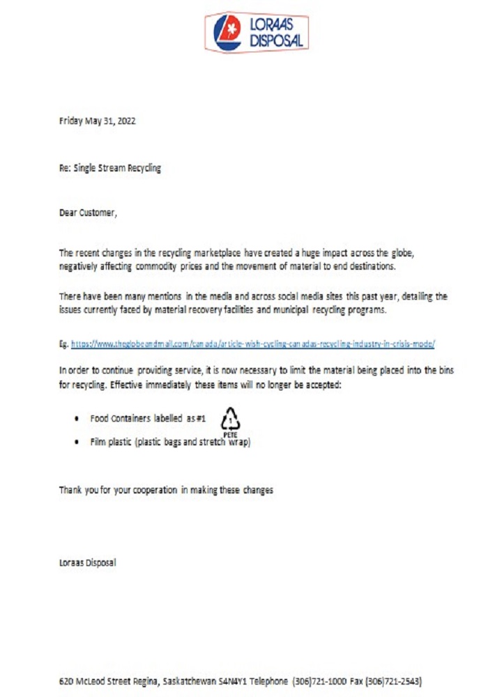 Canada Saskatchewan Loraas Disposal recycling utility shut off notice